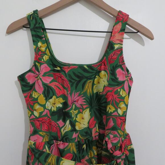 Old Navy Womens Sz S Green Pink Tropical Floral One-Piece Bathing Suit Tie Waist - Picture 3 of 8